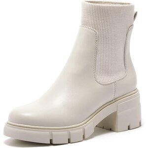 Redtop Women Cream Faux Leather Elastic Chunky Block Heel Platform Chelsea Boot
